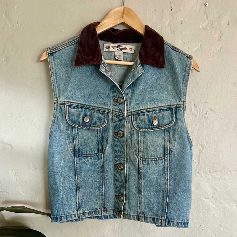 Vintage Denim Button Up Vest Jacket with Corduroy Collar Size Large